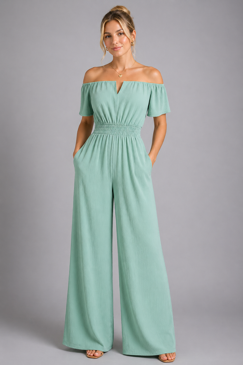 Women's Off Shoulder Short Sleeve Shirred Waist Jumpsuit Wide Leg One-Piece Outfit
