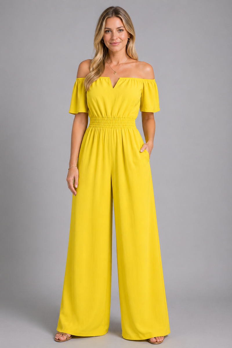 Women's Off Shoulder Short Sleeve Shirred Waist Jumpsuit Wide Leg One-Piece Outfit