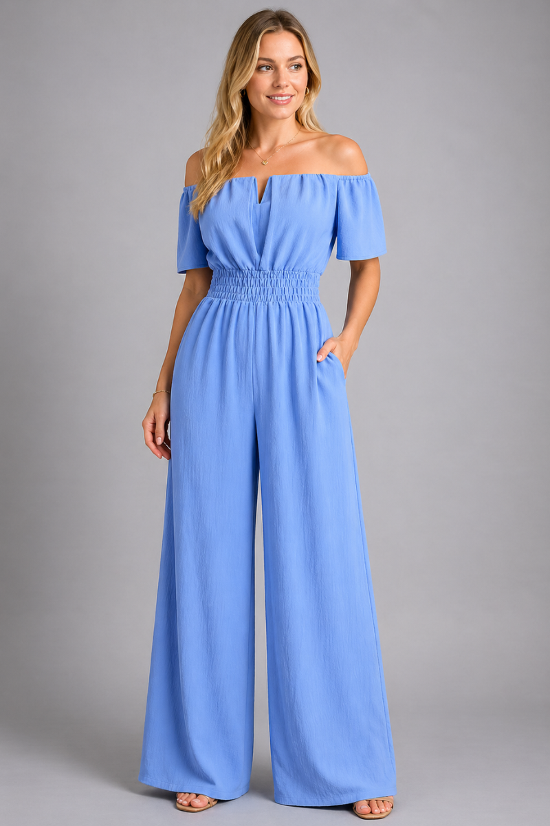 Women's Off Shoulder Short Sleeve Shirred Waist Jumpsuit Wide Leg One-Piece Outfit