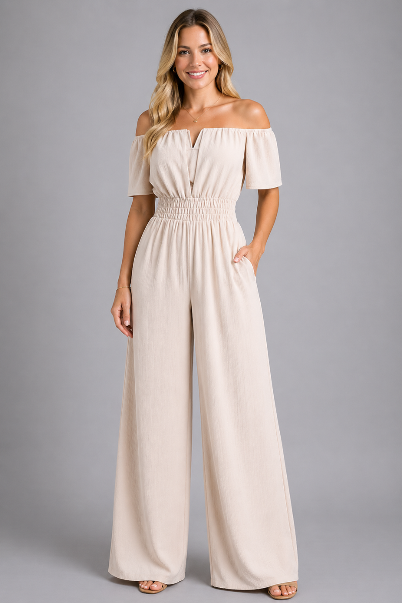 Women's Off Shoulder Short Sleeve Shirred Waist Jumpsuit Wide Leg One-Piece Outfit