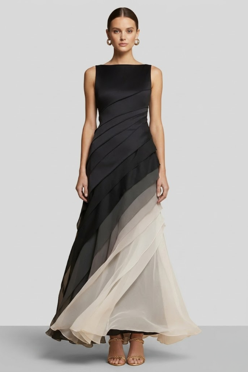 Women's Ombre Layered Maxi Dress - Black to Ivory Evening Dress