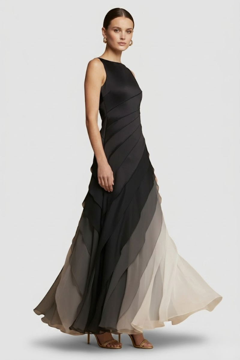 Women's Ombre Layered Maxi Dress - Black to Ivory Evening Dress