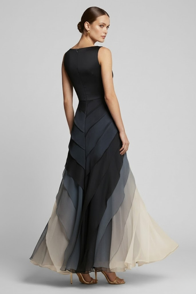 Women's Ombre Layered Maxi Dress - Black to Ivory Evening Dress