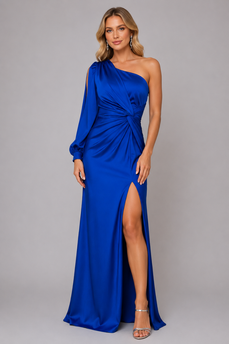 Women's One Shoulder Draped Slit Maxi Dress – Elegant Evening Occasion Dress