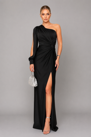 Women's One Shoulder Draped Slit Maxi Dress – Elegant Evening Occasion Dress