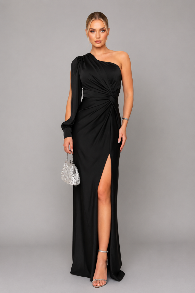 Women's One Shoulder Draped Slit Maxi Dress – Elegant Evening Occasion Dress