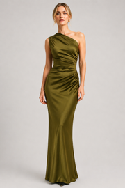 Women's One Shoulder Maxi Dress with Pleated Waist