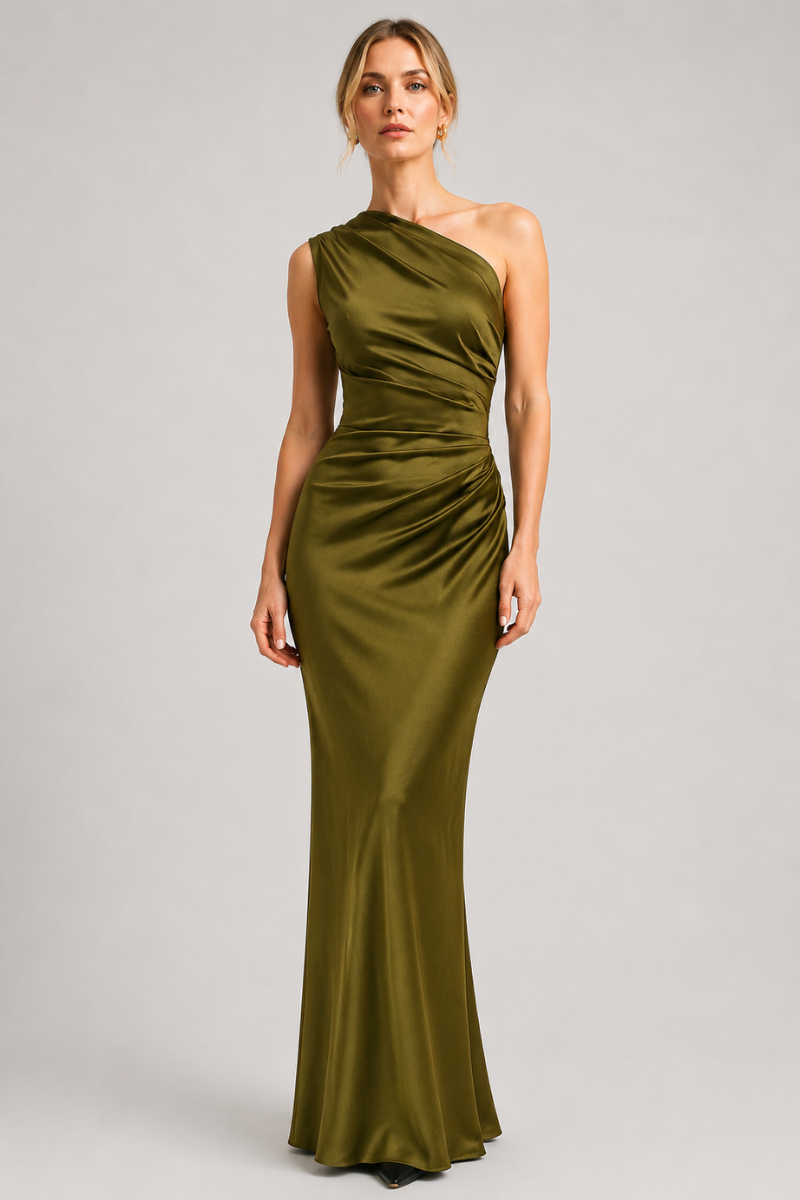 Women's One Shoulder Maxi Dress with Pleated Waist