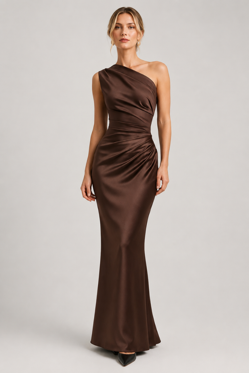 Women's One Shoulder Maxi Dress with Pleated Waist