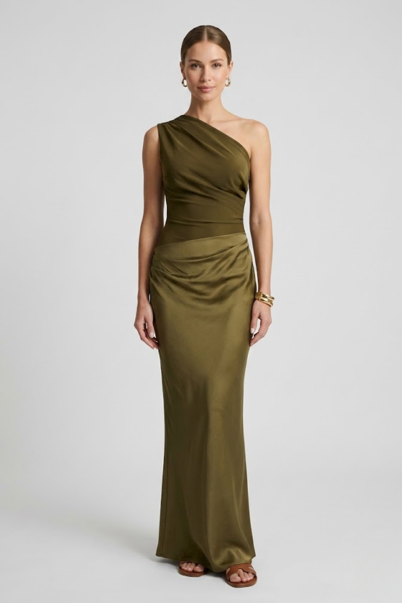 Women's One Shoulder Pleated Maxi Dress – Elegant Evening Formal Dress