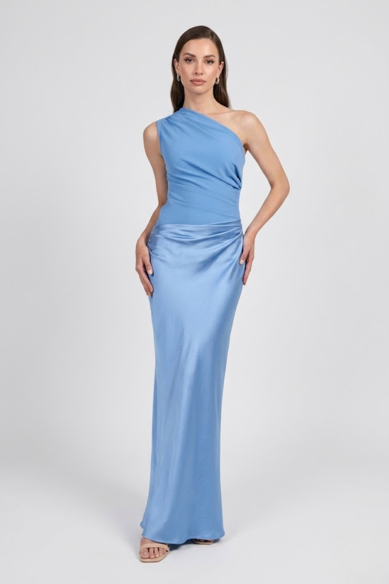 Women's One Shoulder Pleated Maxi Dress – Elegant Evening Formal Dress