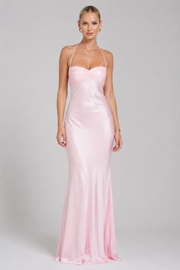 Women's Pink Sequin Halter Neck Backless Maxi Evening Dress