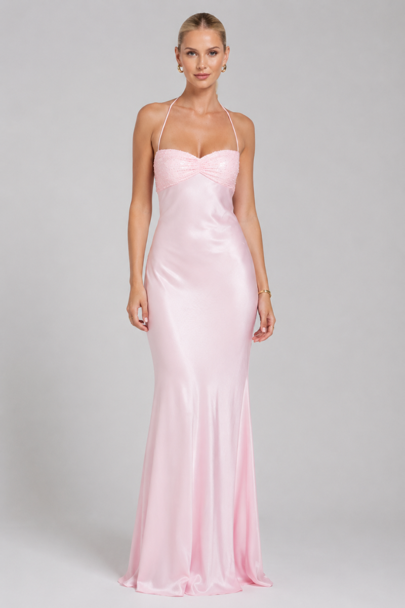 Women's Pink Sequin Halter Neck Backless Maxi Evening Dress