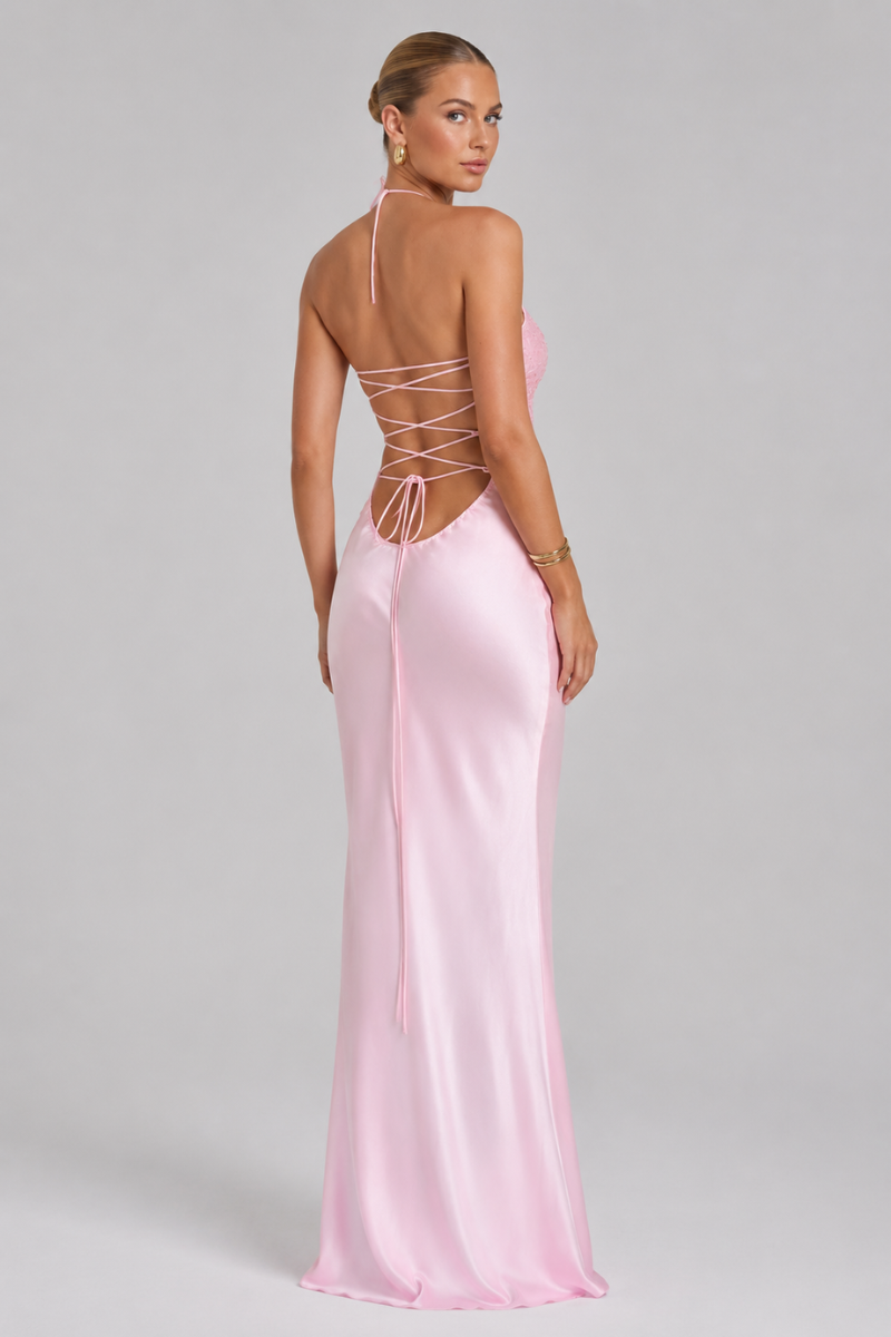 Women's Pink Sequin Halter Neck Backless Maxi Evening Dress