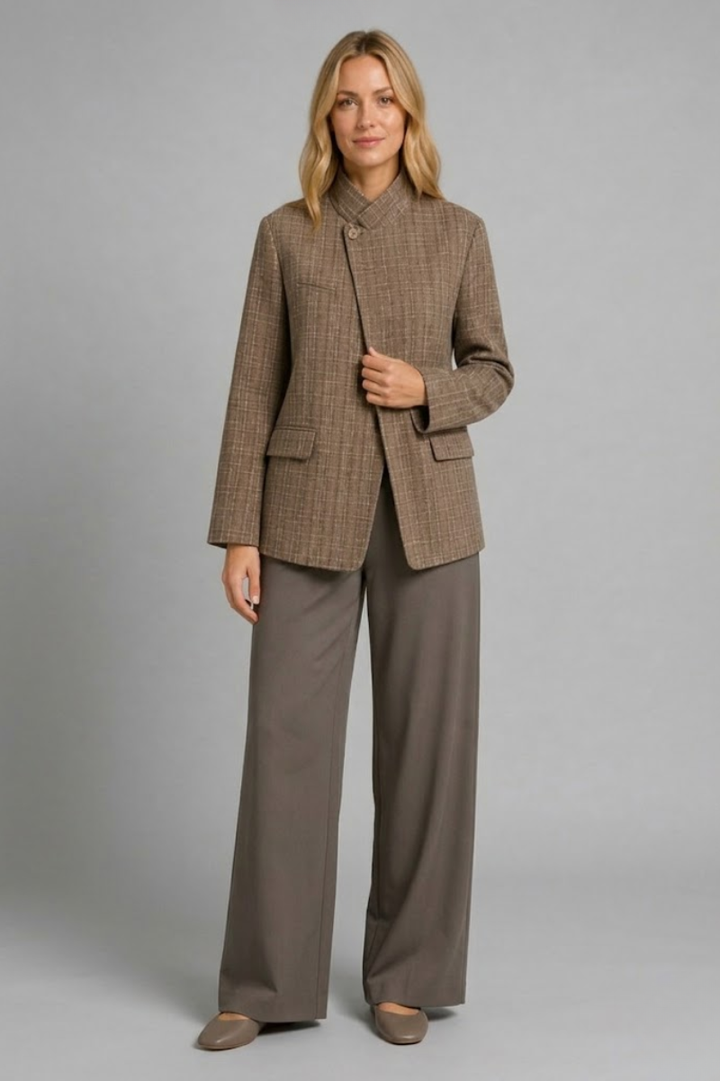 Women's Plaid Blazer Jacket – Single Button Long Sleeve Outfit
