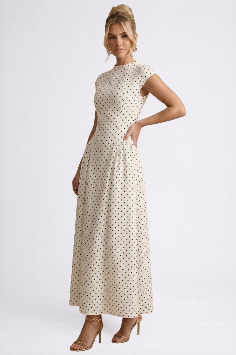 Women's Polka Dot Maxi Dress - Round Neck A-Line Summer Dress