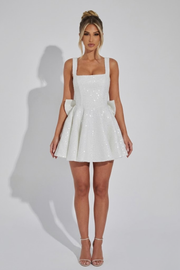 Women's Sequin Mini Dress - Bow Detail High Waist Party Dress