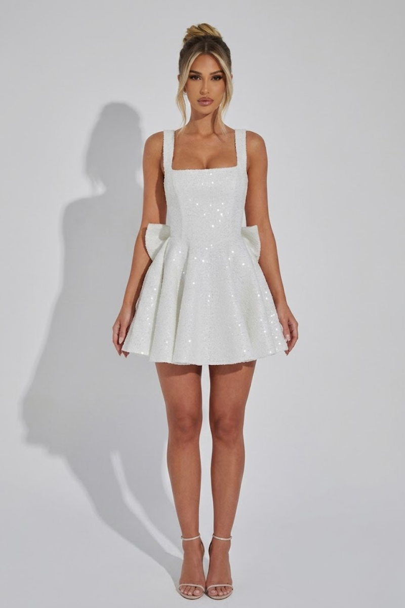 Women's Sequin Mini Dress - Bow Detail High Waist Party Dress