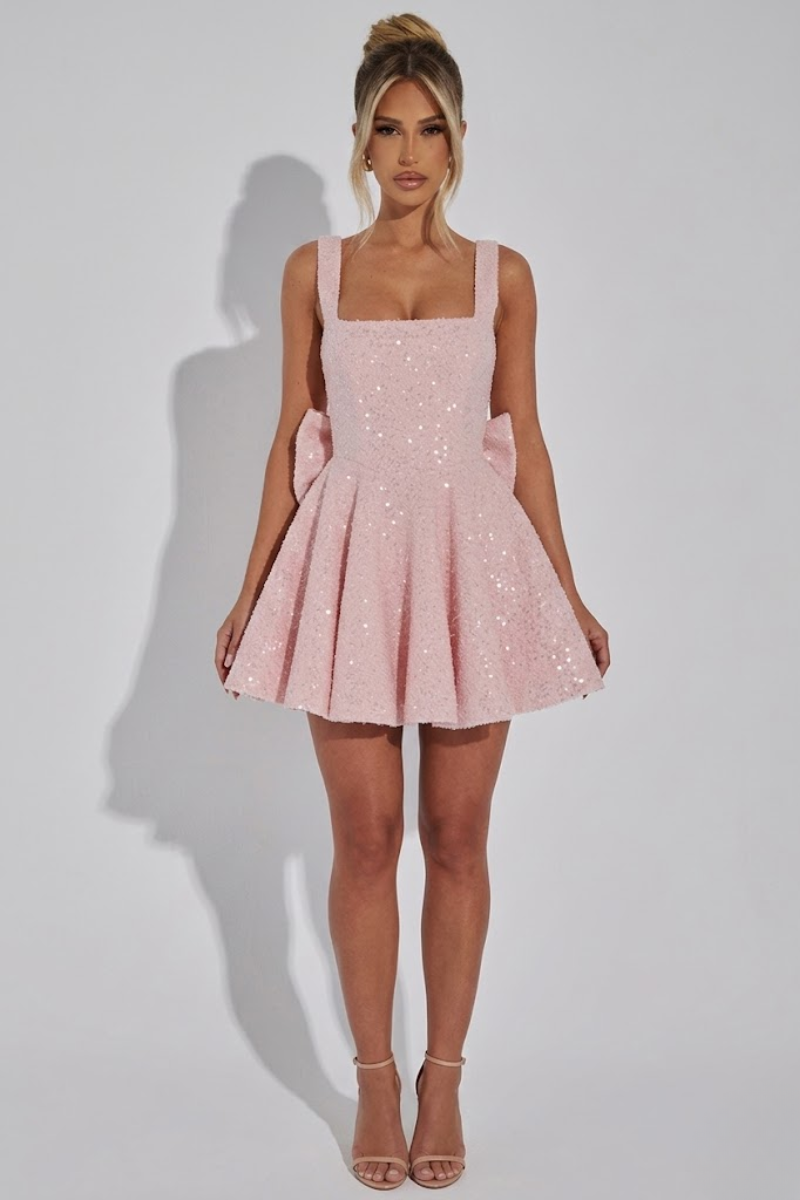 Women's Sequin Mini Dress - Bow Detail High Waist Party Dress