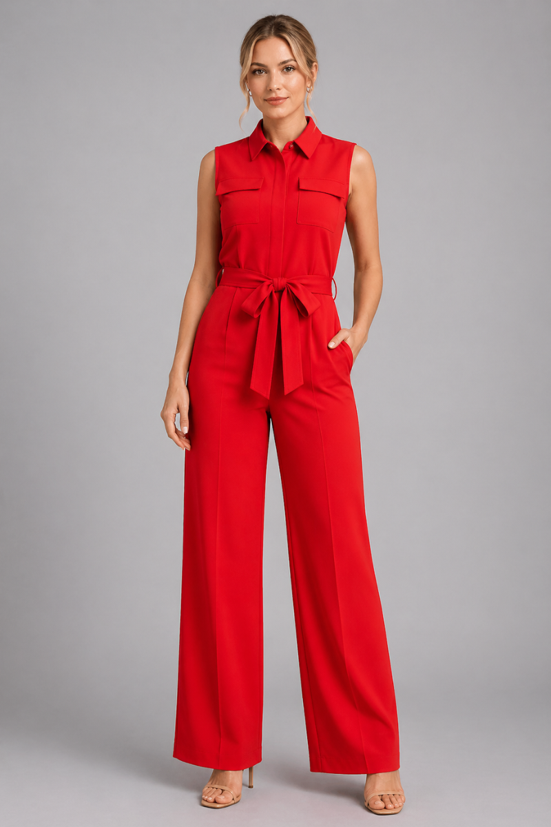 Women's Sleeveless Wide Leg Jumpsuit Collared Zip Front One-Piece Outfit with Pockets