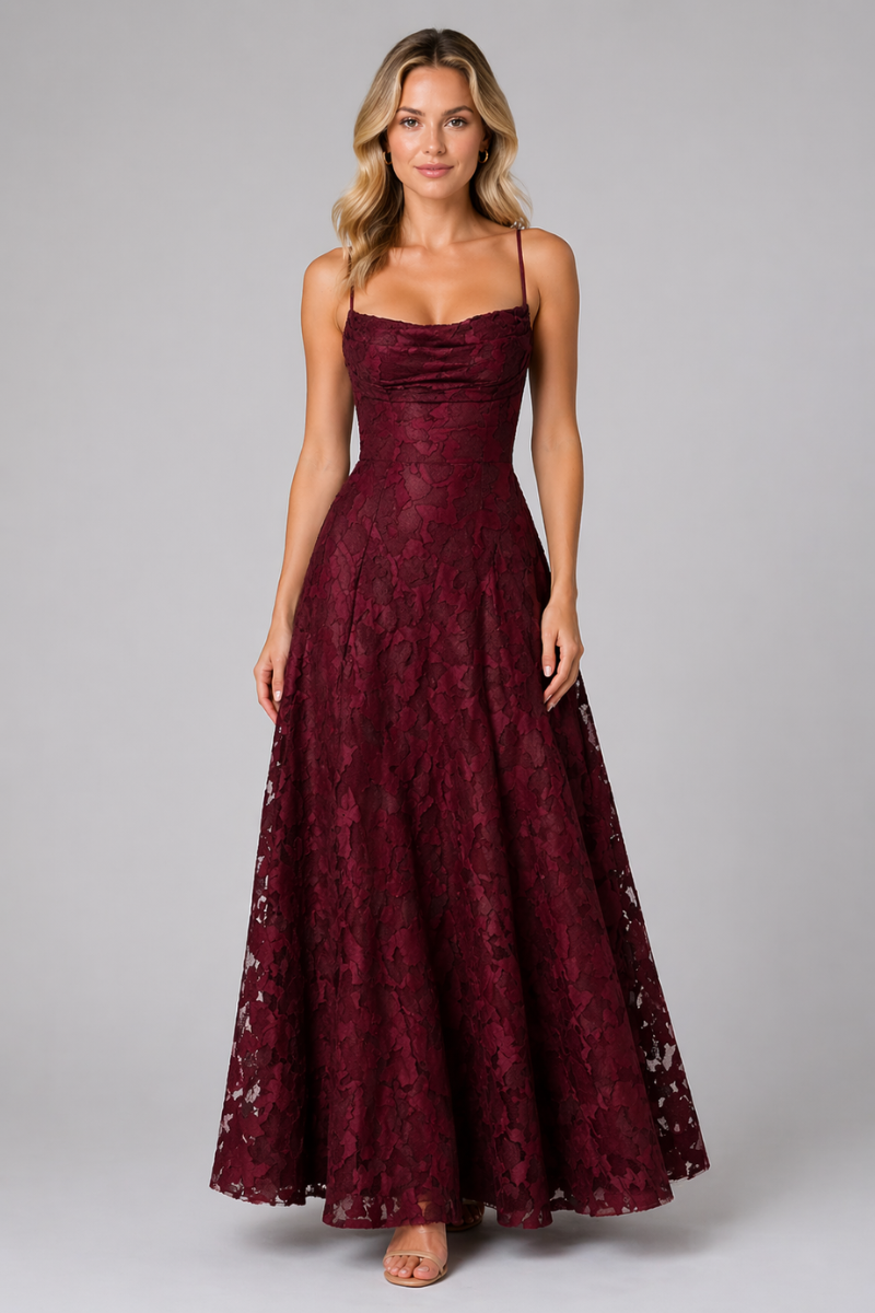 Women's Spaghetti Strap Maxi Dress – Fitted Bodice Flared Long Dress
