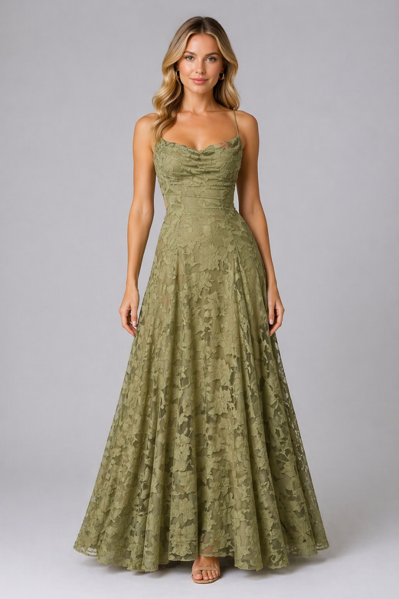 Women's Spaghetti Strap Maxi Dress – Fitted Bodice Flared Long Dress