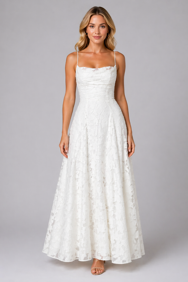 Women's Spaghetti Strap Maxi Dress – Fitted Bodice Flared Long Dress