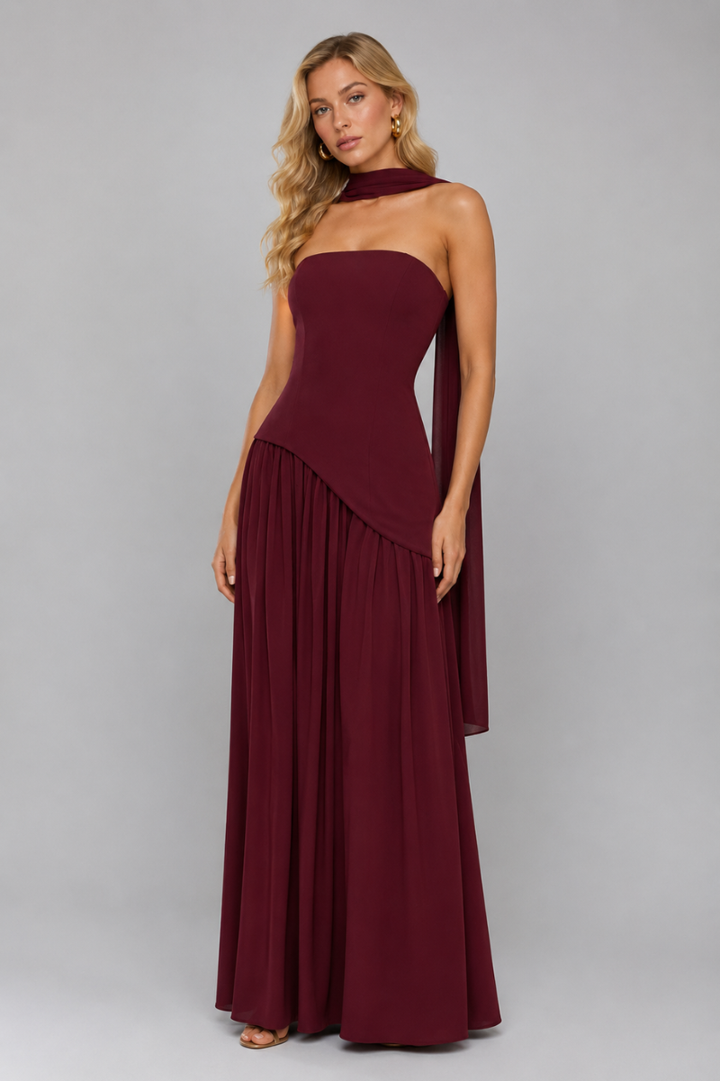 Women's Strapless Asymmetrical Maxi Dress – Elegant Evening Occasion Dress