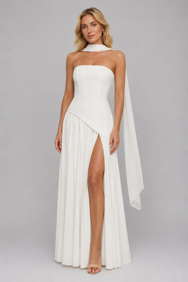 Women's Strapless Asymmetrical Maxi Dress – Elegant Evening Occasion Dress