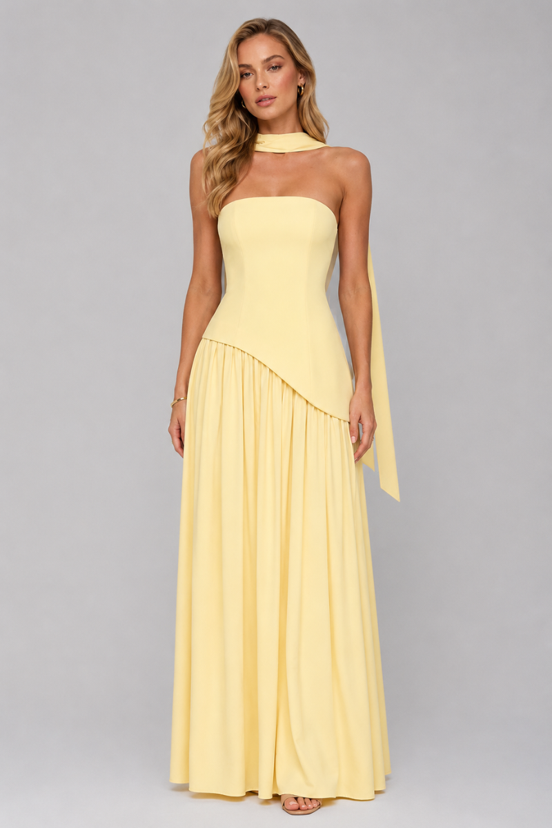 Women's Strapless Asymmetrical Maxi Dress – Elegant Evening Occasion Dress