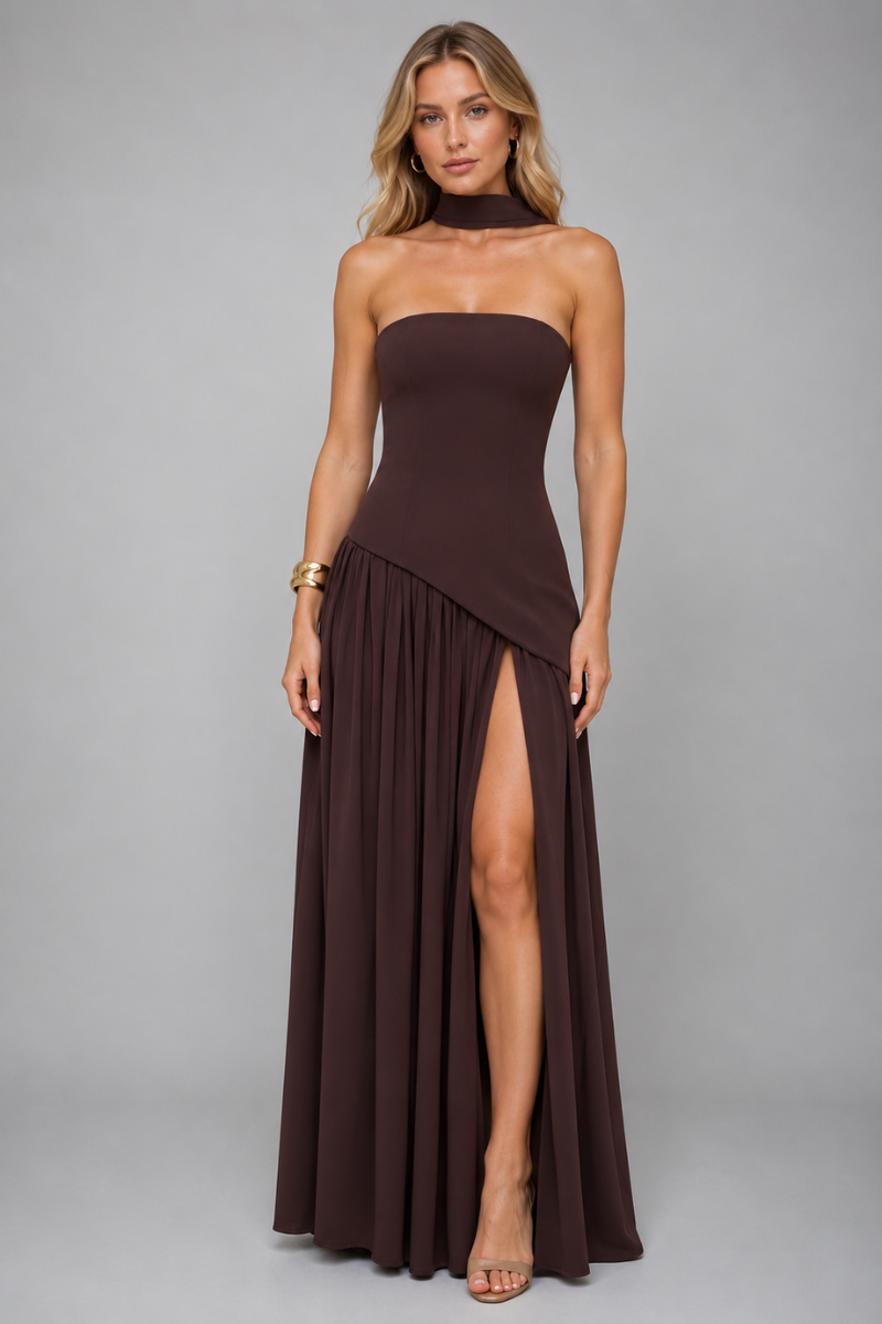 Women's Strapless Asymmetrical Maxi Dress – Elegant Evening Occasion Dress