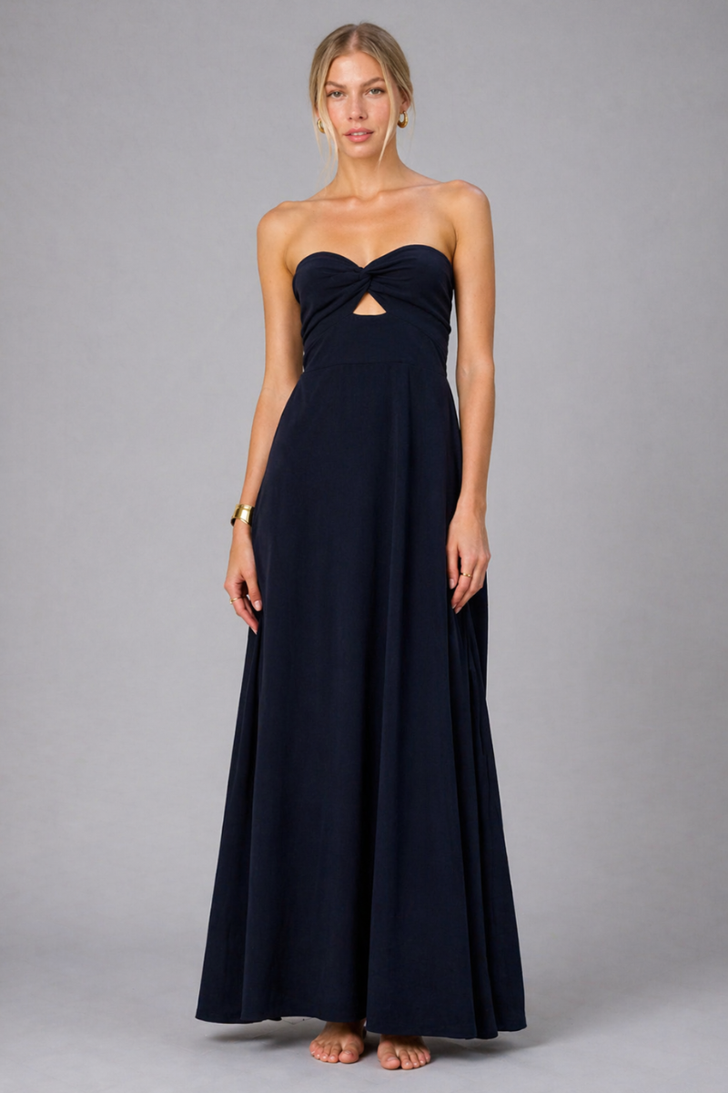 Women's Strapless Cotton Maxi Dress – Twist Front Split Long Dress