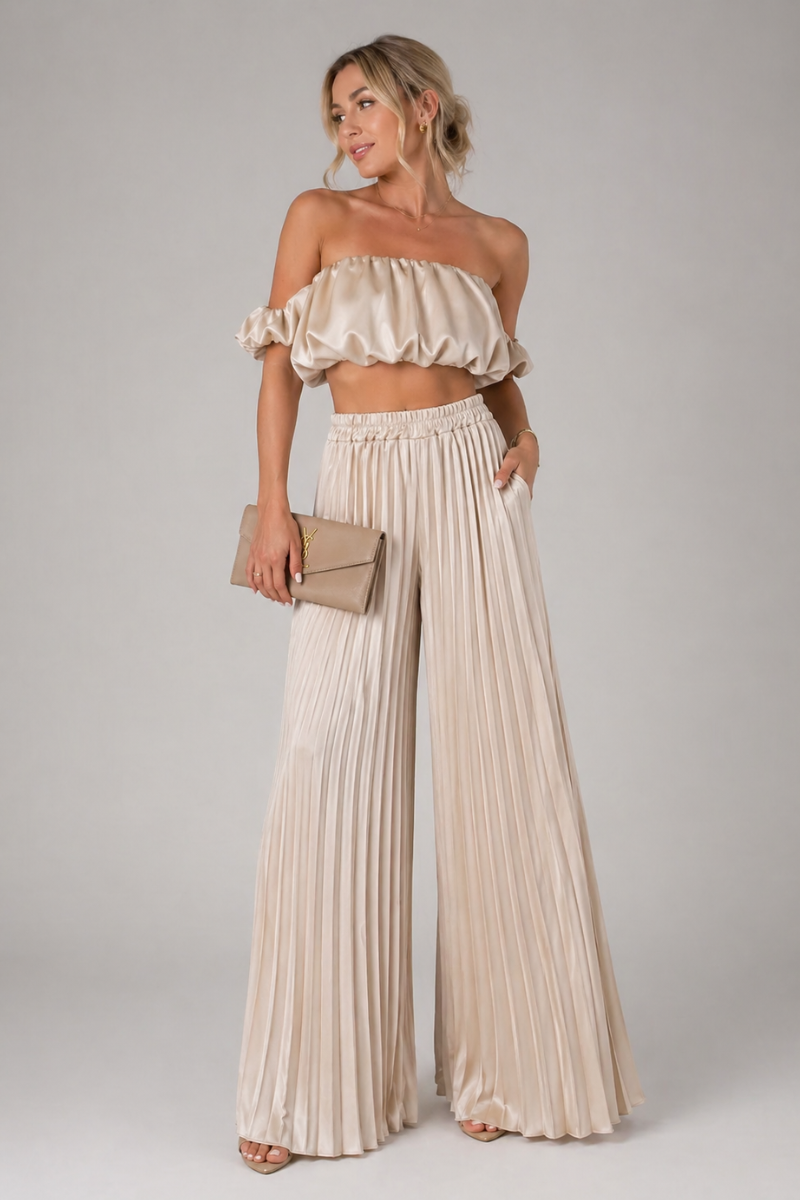 Women's Strapless Top and Elastic Waist Pants Two Piece Set Casual Summer Outfit