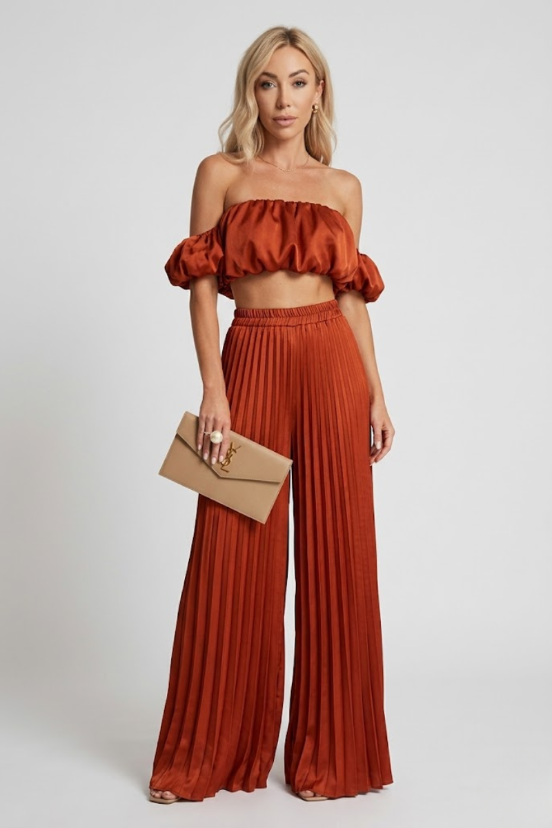 Women's Strapless Top and Elastic Waist Pants Two Piece Set Casual Summer Outfit