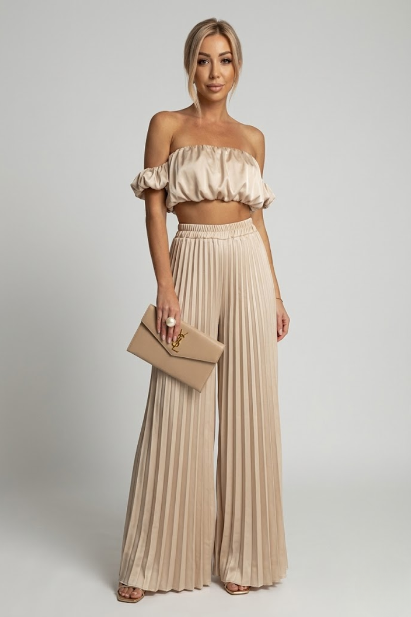 Women's Strapless Top and Elastic Waist Pants Two Piece Set Casual Summer Outfit