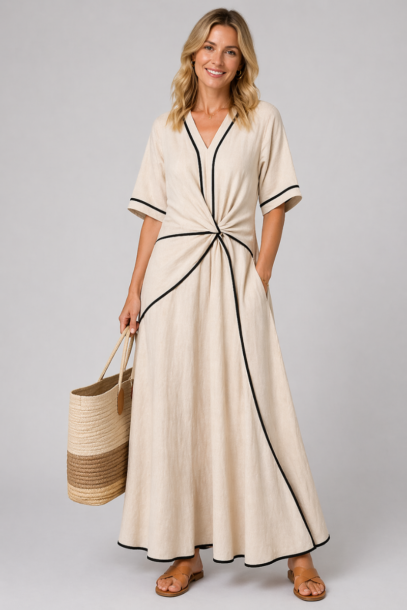 Women's Twist Front Maxi Dress - V Neck Casual Summer Dress with Contrast Trim