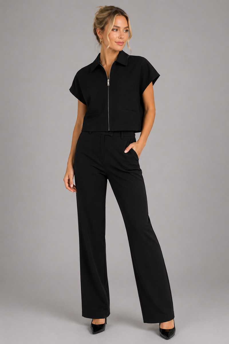 Women's Two Piece Set Short Sleeve Zip Front Lapel Top Wide Leg Pants Summer Outfit