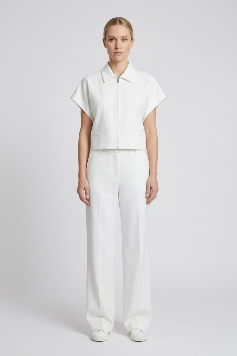 Women's Two Piece Set Short Sleeve Zip Front Lapel Top Wide Leg Pants Summer Outfit