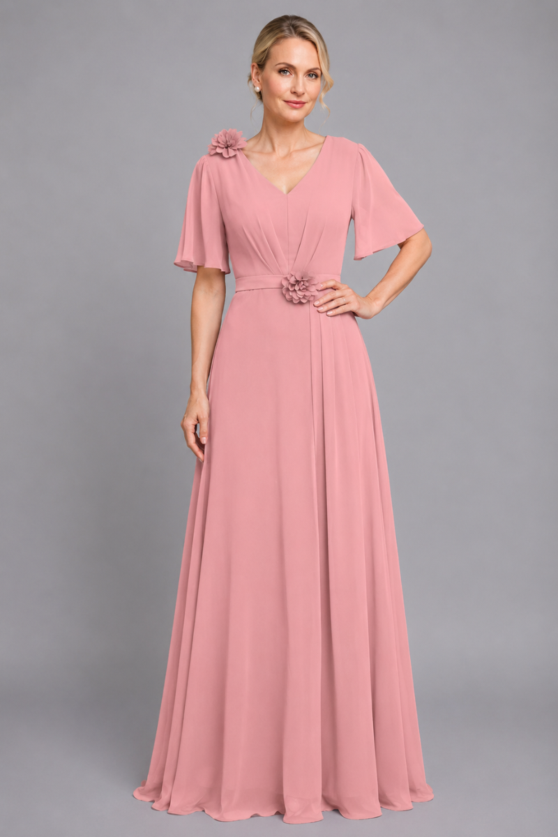 Women's V-Neck Chiffon dress with Floral Appliqué in Dusk