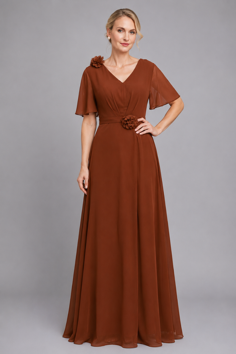 Women's V-Neck Chiffon dress with Floral Appliqué in Dusk