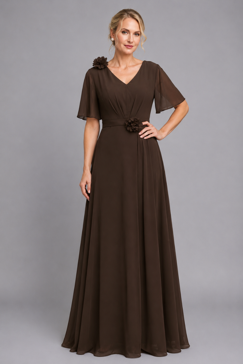 Women's V-Neck Chiffon dress with Floral Appliqué in Dusk