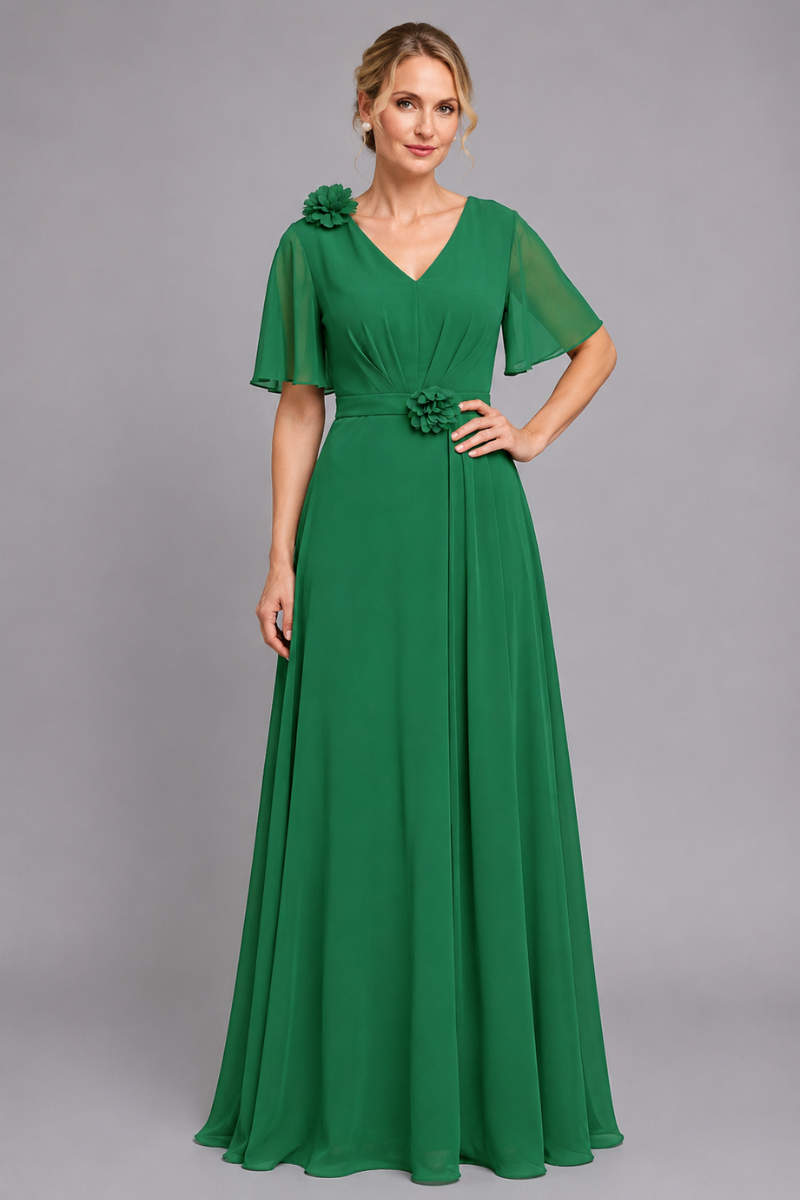 Women's V-Neck Chiffon dress with Floral Appliqué in Dusk