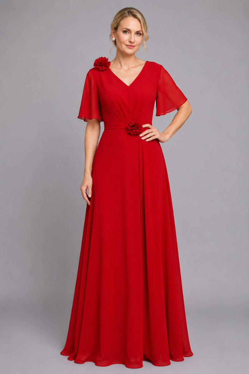 Women's V-Neck Chiffon dress with Floral Appliqué in Dusk