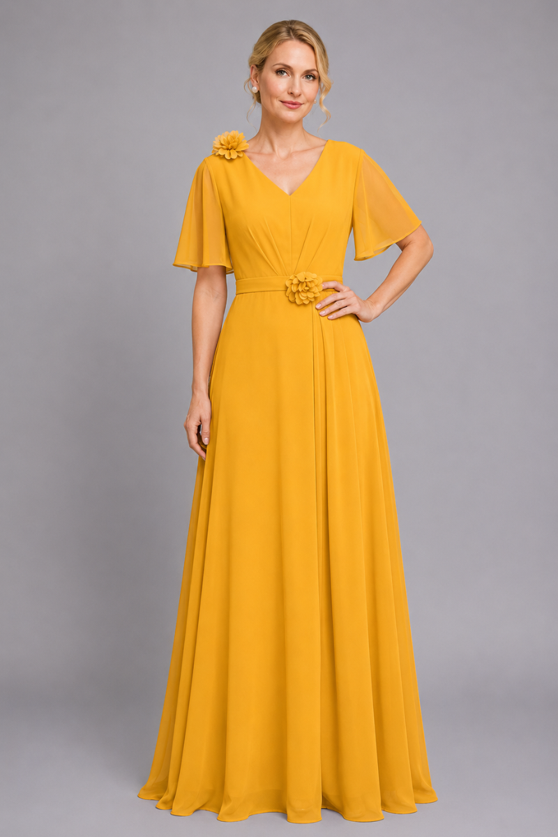 Women's V-Neck Chiffon dress with Floral Appliqué in Dusk