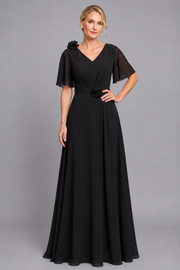 Women's V-Neck Chiffon dress with Floral Appliqué in Dusk