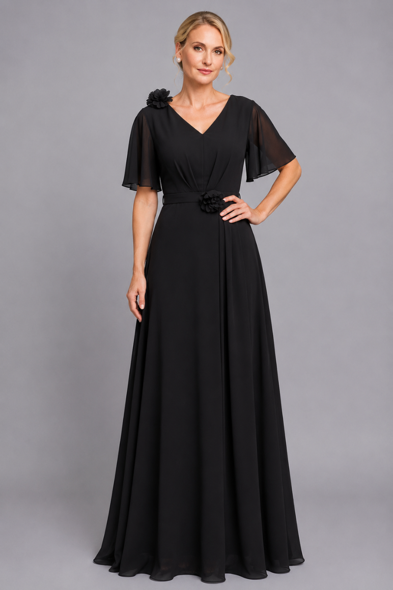 Women's V-Neck Chiffon dress with Floral Appliqué in Dusk