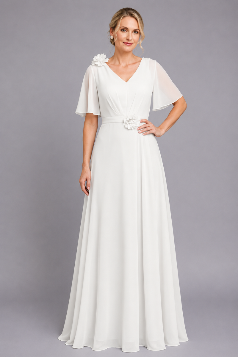 Women's V-Neck Chiffon dress with Floral Appliqué in Dusk