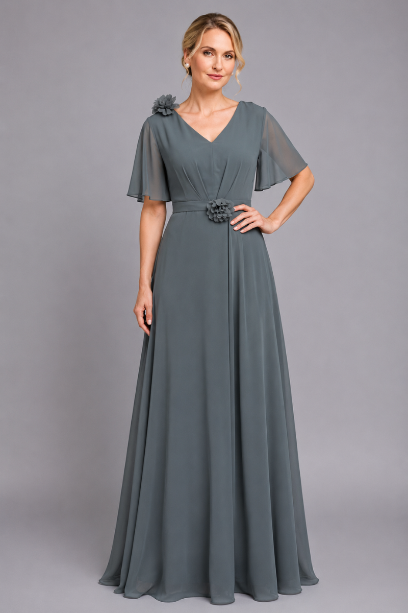 Women's V-Neck Chiffon dress with Floral Appliqué in Dusk