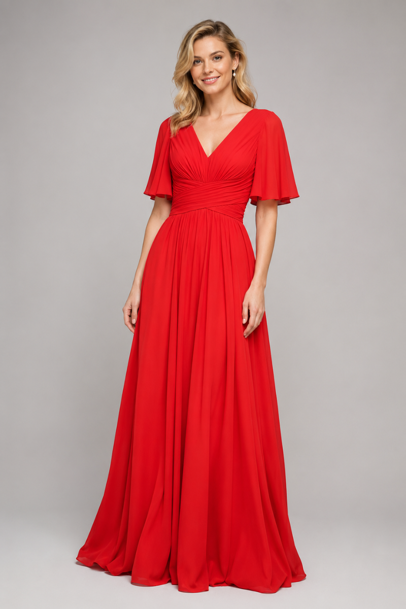 Women's V-Neck Chiffon dress with Floral Appliqué in Dusk