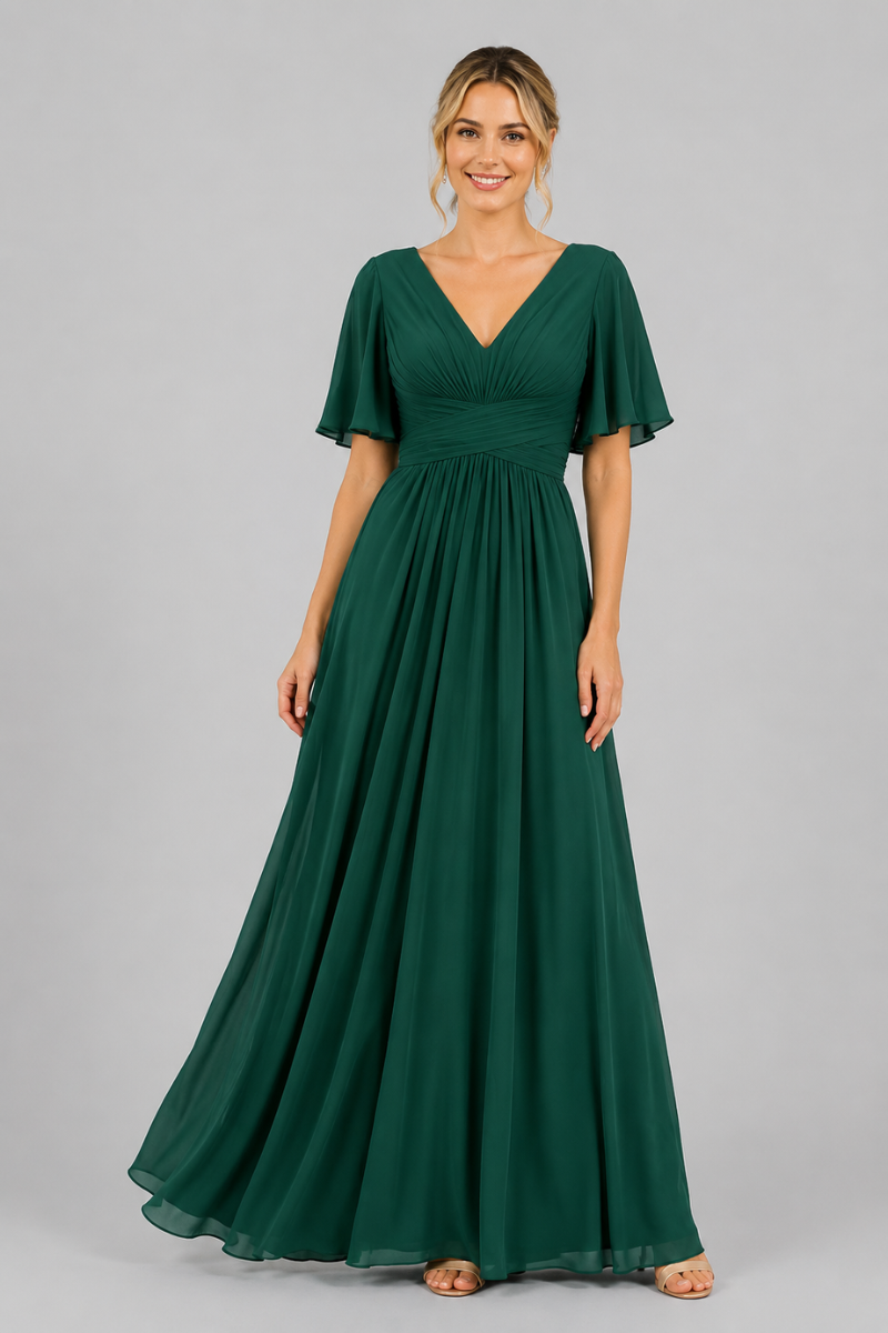 Women's V-Neck Chiffon dress with Floral Appliqué in Dusk
